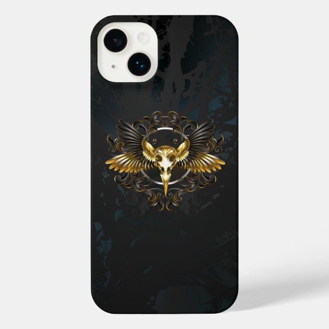 Golden Bird Skull auf schwarzem Hintergrund iPhone 14 Plus Hülle (Rückseite)