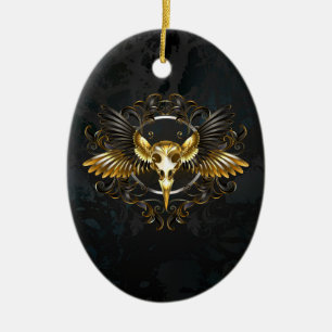 Golden Bird Skull auf schwarzem Hintergrund Keramik Ornament