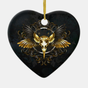 Golden Bird Skull auf schwarzem Hintergrund Keramik Ornament
