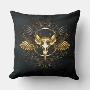 Golden Bird Skull auf schwarzem Hintergrund Kissen