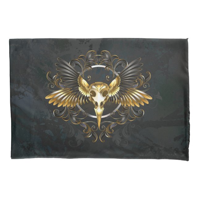 Golden Bird Skull auf schwarzem Hintergrund Kissenbezug (Vorderseite)