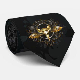 Golden Bird Skull auf schwarzem Hintergrund Krawatte