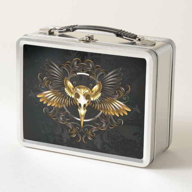 Golden Bird Skull auf schwarzem Hintergrund Metall Brotdose (Vorderseite)
