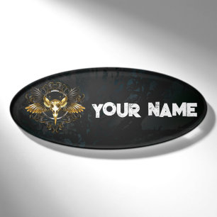 Golden Bird Skull auf schwarzem Hintergrund Namenschild