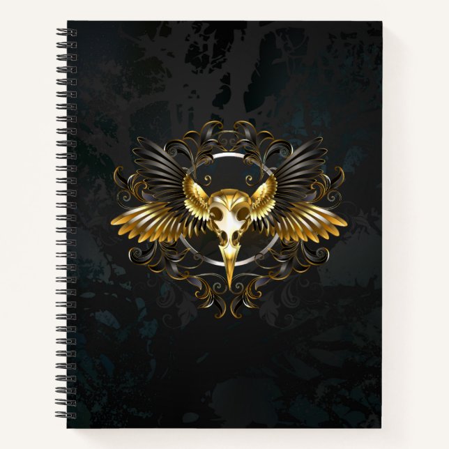 Golden Bird Skull auf schwarzem Hintergrund Notizbuch (Vorderseite)