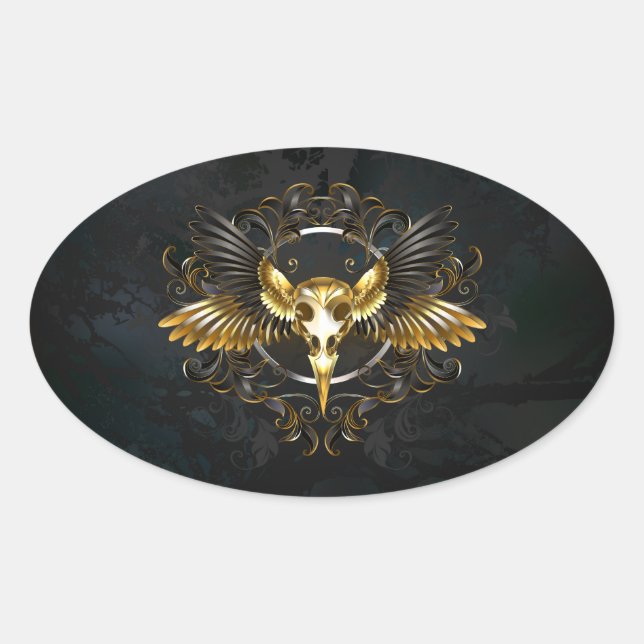 Golden Bird Skull auf schwarzem Hintergrund Ovaler Aufkleber (Vorderseite)