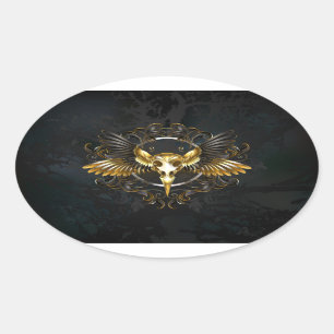 Golden Bird Skull auf schwarzem Hintergrund Ovaler Aufkleber