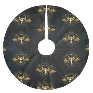 Golden Bird Skull auf schwarzem Hintergrund Polyester Weihnachtsbaumdecke