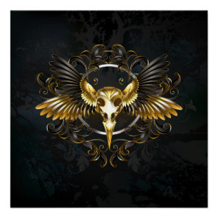 Golden Bird Skull auf schwarzem Hintergrund Poster