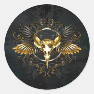 Golden Bird Skull auf schwarzem Hintergrund Runder Aufkleber