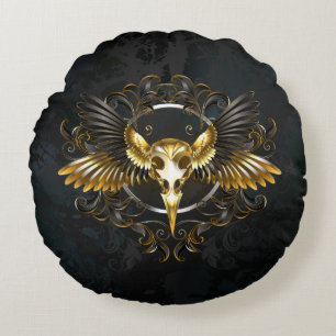 Golden Bird Skull auf schwarzem Hintergrund Rundes Kissen