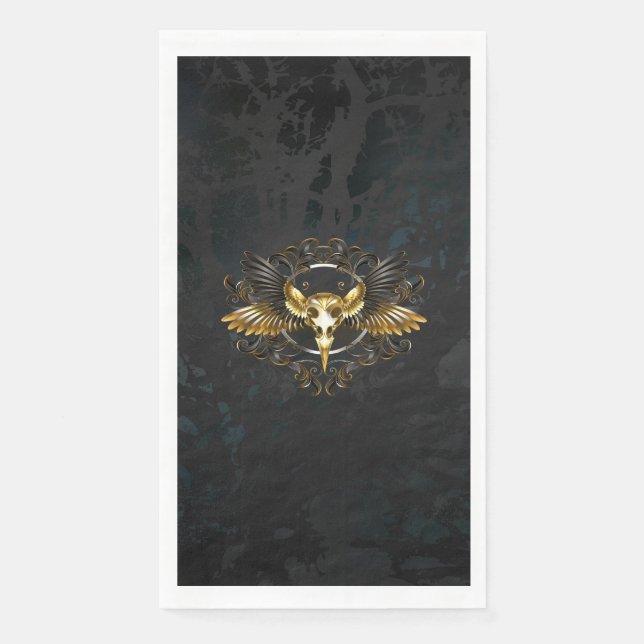 Golden Bird Skull auf schwarzem Hintergrund Serviette (Vorderseite)