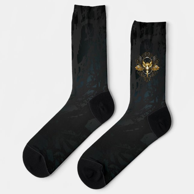 Golden Bird Skull auf schwarzem Hintergrund Socken (Linkes Detail)