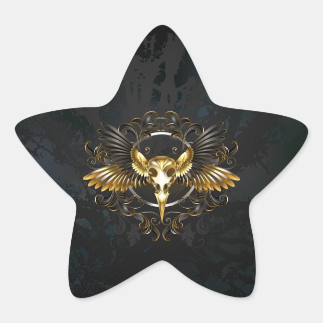 Golden Bird Skull auf schwarzem Hintergrund Stern-Aufkleber (Vorderseite)