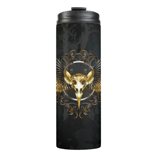 Golden Bird Skull auf schwarzem Hintergrund Thermosbecher (Vorderseite)