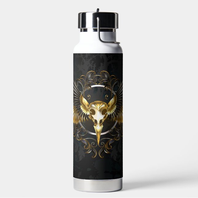 Golden Bird Skull auf schwarzem Hintergrund Trinkflasche (Links)