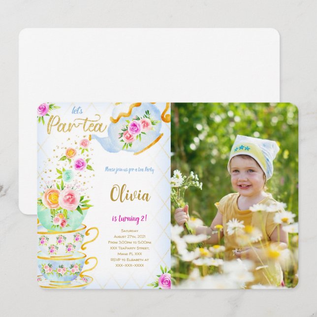 Golden Birthday Tea Party Foto Einladung (Vorne/Hinten)