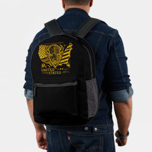 Golden Bison Illustration mit US-Karte und -Flagge Bedruckter Rucksack