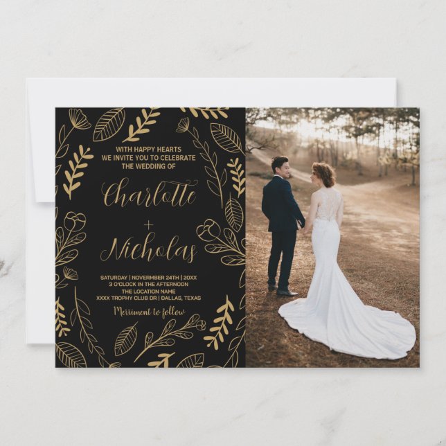 Golden Black Art Hochzeit Einladung mit Foto (Vorderseite)