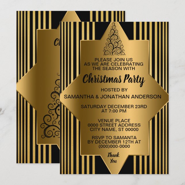 Golden Black Geometric Party Inv Einladung (Vorne/Hinten)
