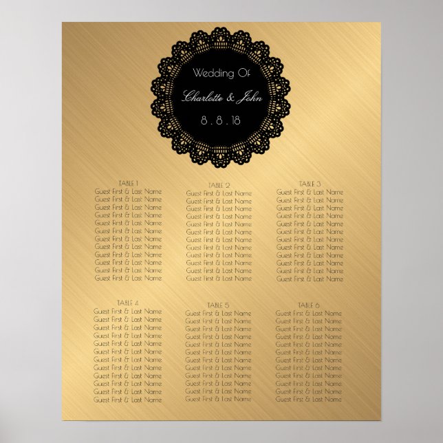 Golden Black Lace Circle Wedding Chart Poster (Vorne)
