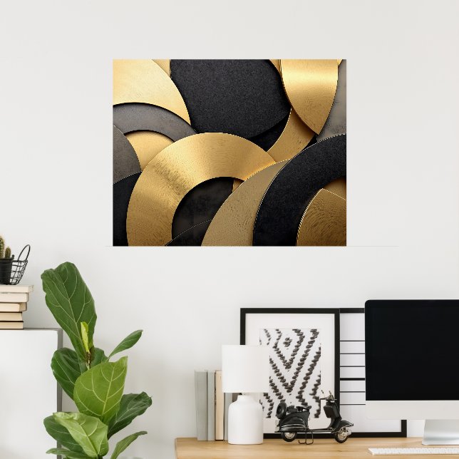 Golden & Black Overlapping Geometrie Abstrakt Poster (Heimbüro)