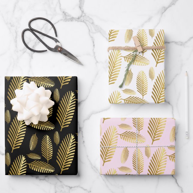 Golden Black Palm Leaf Muster Geschenkpapier Set (Vorderseite)