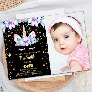 Golden Black Unicorn Anniversaire Invitations avec