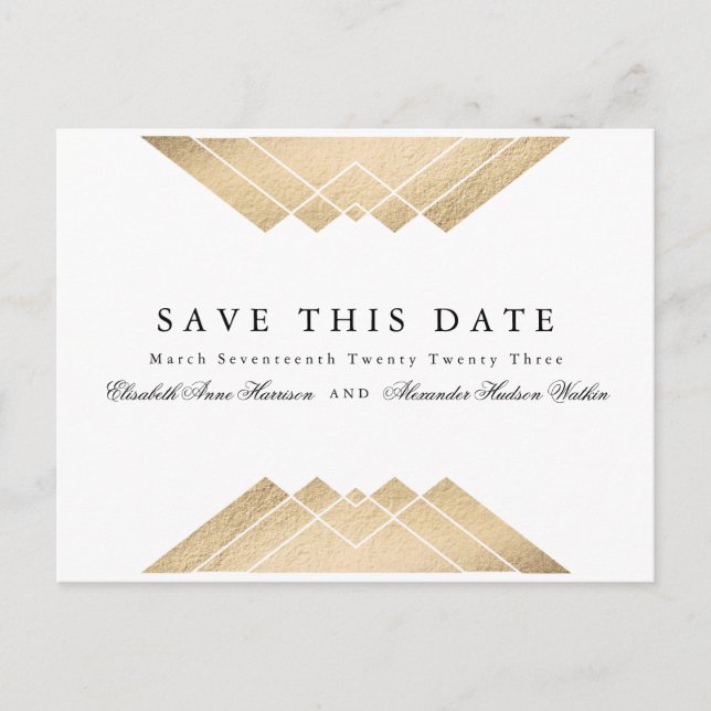 Golden Black & White Geometric Gatsby Save the Dat Ankündigungspostkarte (Vorderseite)