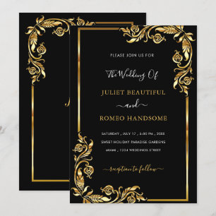 Golden Blätter Bloral Black Gold Hochzeit Einladun