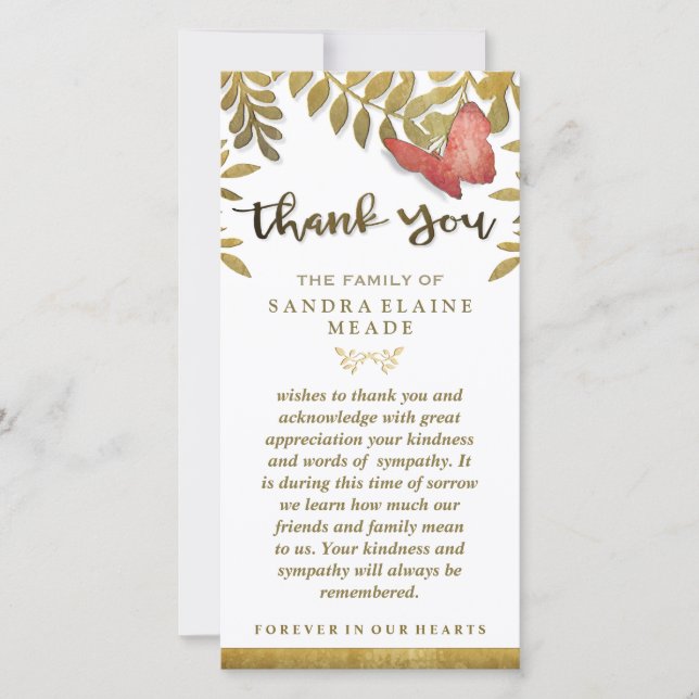 Golden Blätter Floral Butterfly Danke Beileid (Vorderseite)