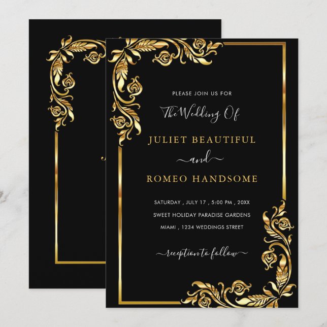 Golden Blätter Gerahmt Black Gold Hochzeit Einladu (Vorne/Hinten)