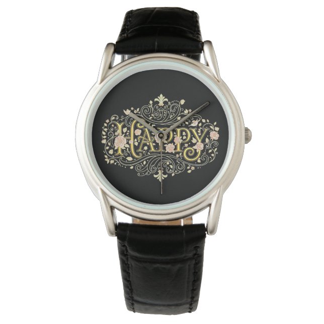 Golden Bliss: Elegant Floral Happy Armbanduhr (Vorderseite)
