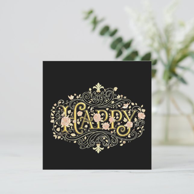 Golden Bliss: Elegant Floral Happy Einladung (Stehend Vorderseite)