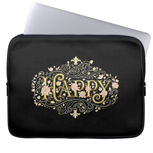 Golden Bliss: Elegant Floral Happy Laptopschutzhülle (Vorderseite)
