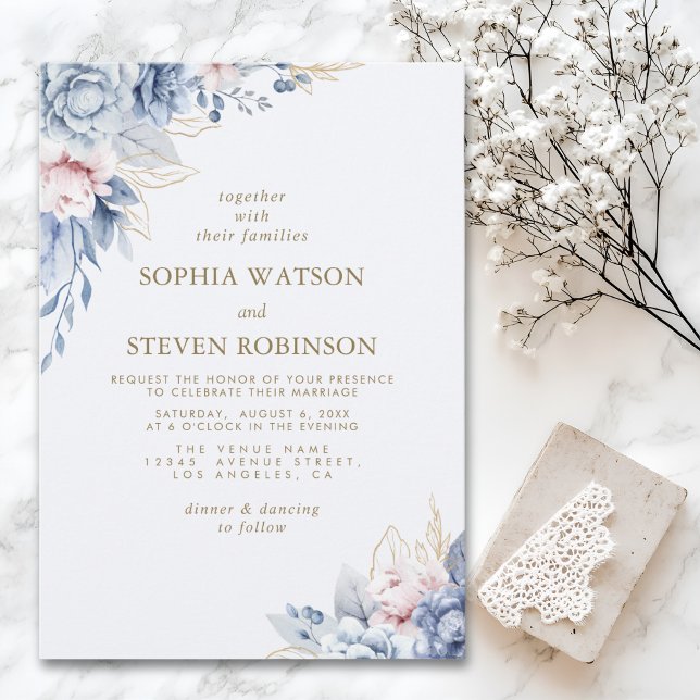 Golden Bloom: Blue & White Floral Wedding Einladung (Von Creator hochgeladen)