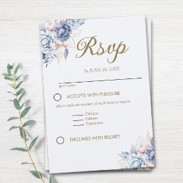 Golden Bloom: Blue & White Floral Wedding RSVP Karte