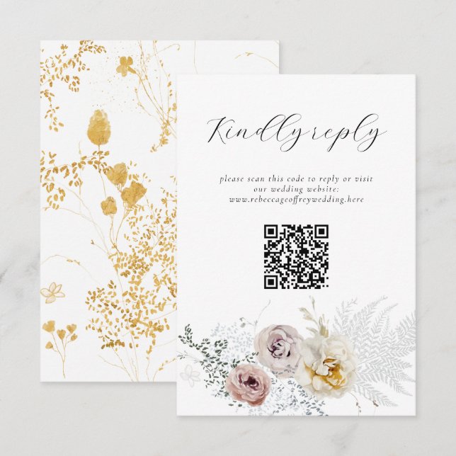 Golden Bloom Delicate Floral Calligraphy QR Code RSVP Karte (Vorne/Hinten)
