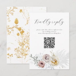 Golden Bloom Delicate Floral Calligraphy QR Code RSVP Karte