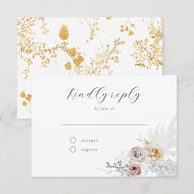 Golden Bloom Delicate Floral Calligraphy Wedding R RSVP Karte (Vorne/Hinten)