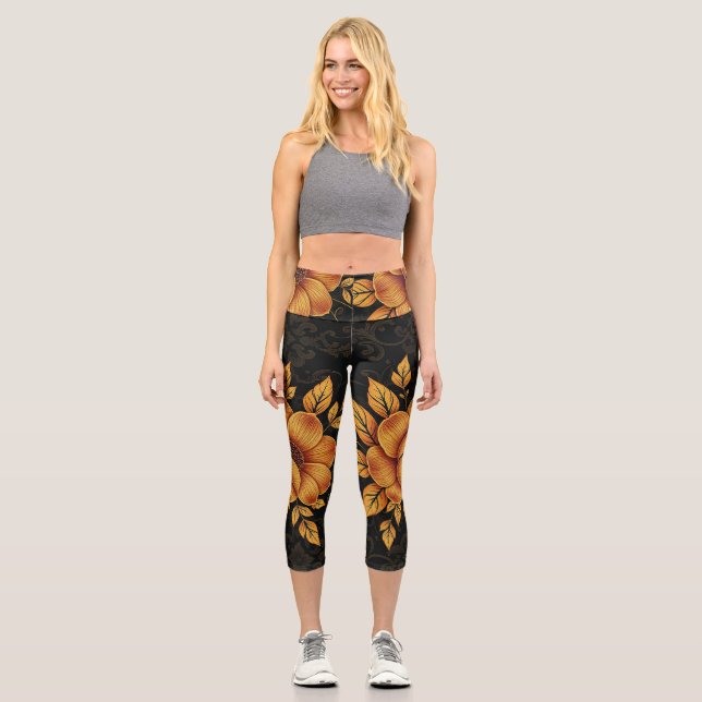 Golden Bloom Floral Capri Leggings (Vorderseite)