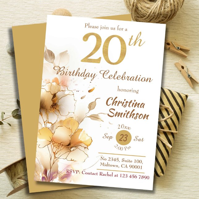 Golden Bloom - floral elegant, modern, 20. Geburts Einladung (Von Creator hochgeladen)