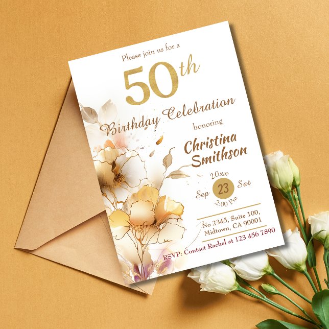 Golden Bloom - floral elegante moderne 50. Geburts Einladung (Von Creator hochgeladen)