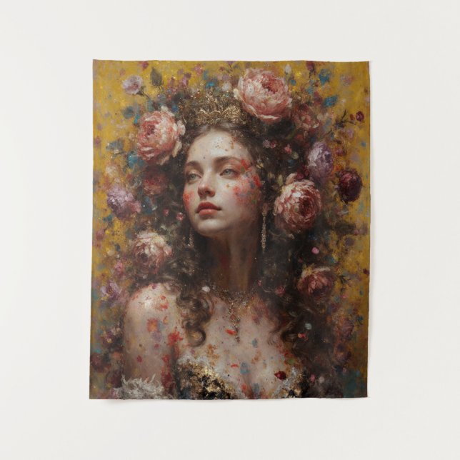 Golden Bloom Muse – Vertical Wall Tapestry Wandteppich (Vorderseite)