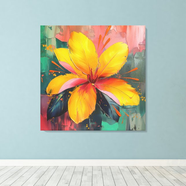 Golden Bloom – Vibrant Abstract Floral Expression Leinwanddruck (Insitu (Holzboden))