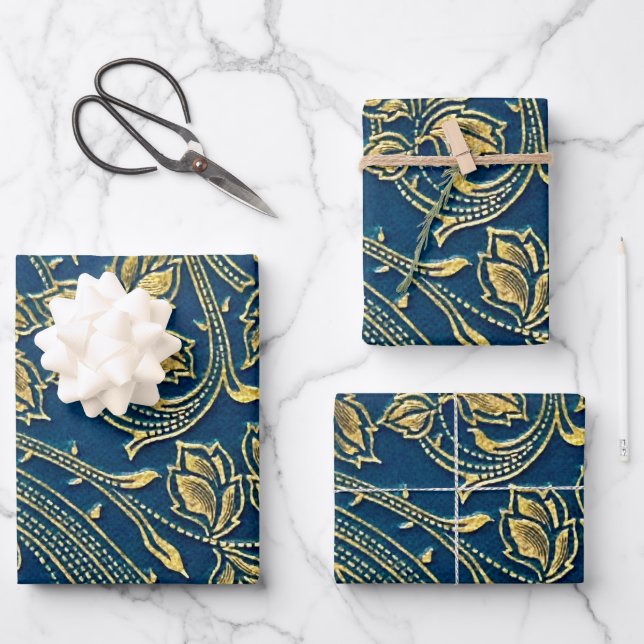 Golden Blossom Wrapping Paper Flat Sheet Set 3 Geschenkpapier Set (Vorderseite)