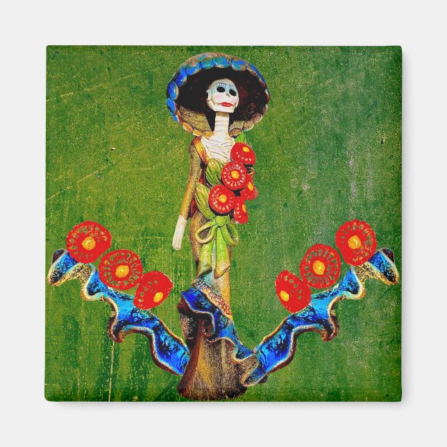 Golden Blue Antique Catrina über grünlich gewasche Magnet (Vorne)