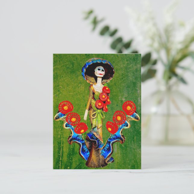 Golden Blue Antique Catrina über grünlich gewasche Postkarte (Stehend Vorderseite)