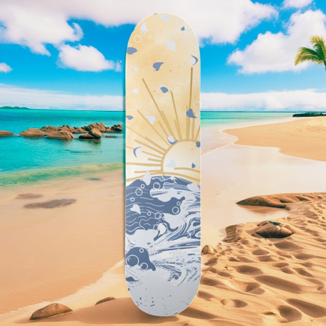 Golden Blue Asiatic Sunset Sun & Sea Waves Skateboard (Von Creator hochgeladen)