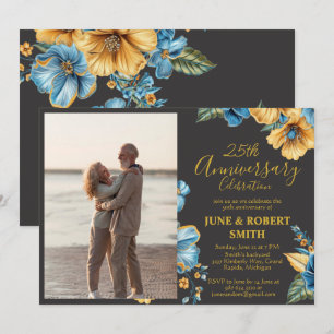 Golden Blue Blume 25. Hochzeitstag Einladung